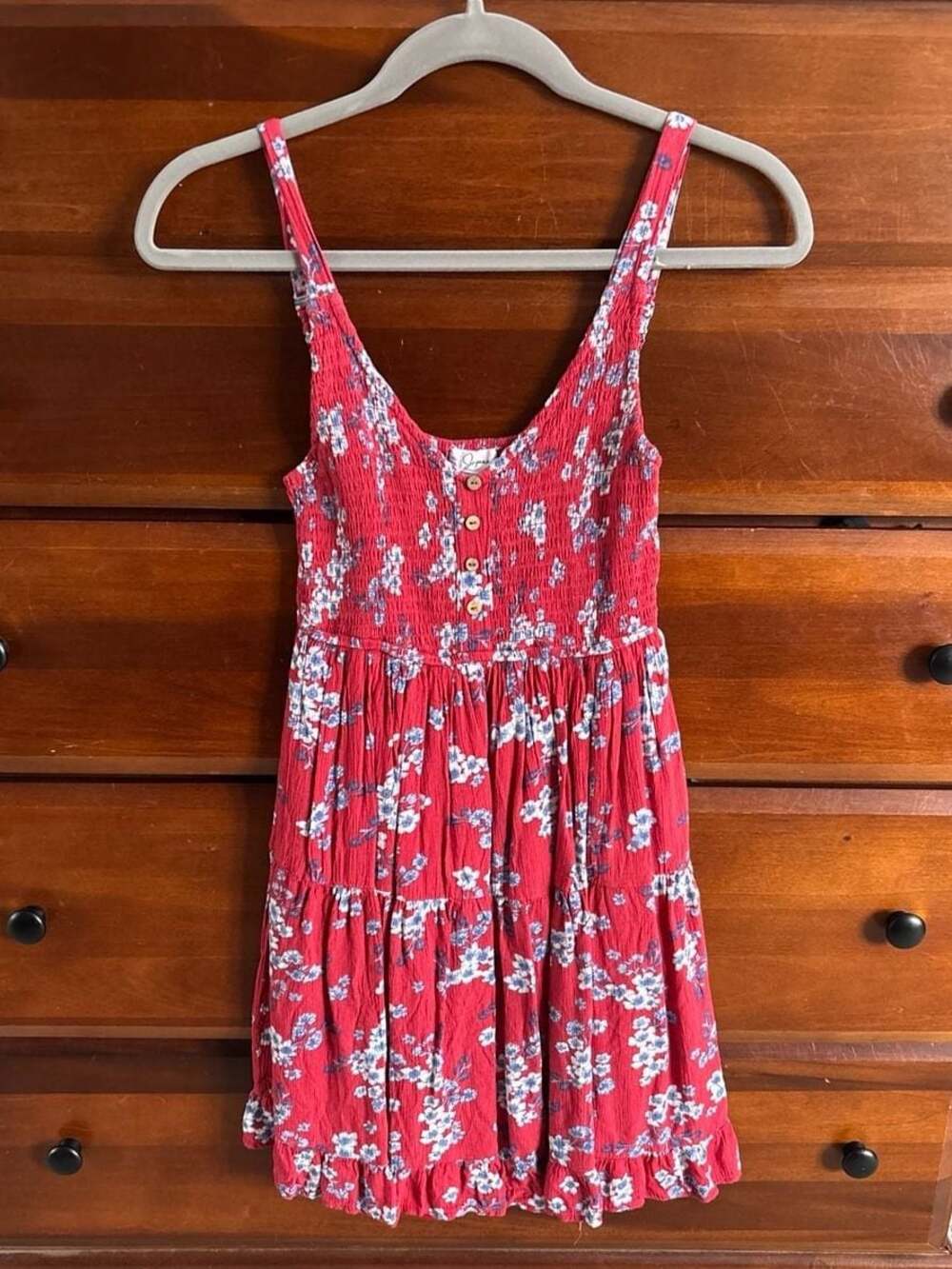 Japna Red Floral Smocked Tiered Mini Dress with Faux Buttons Size XS